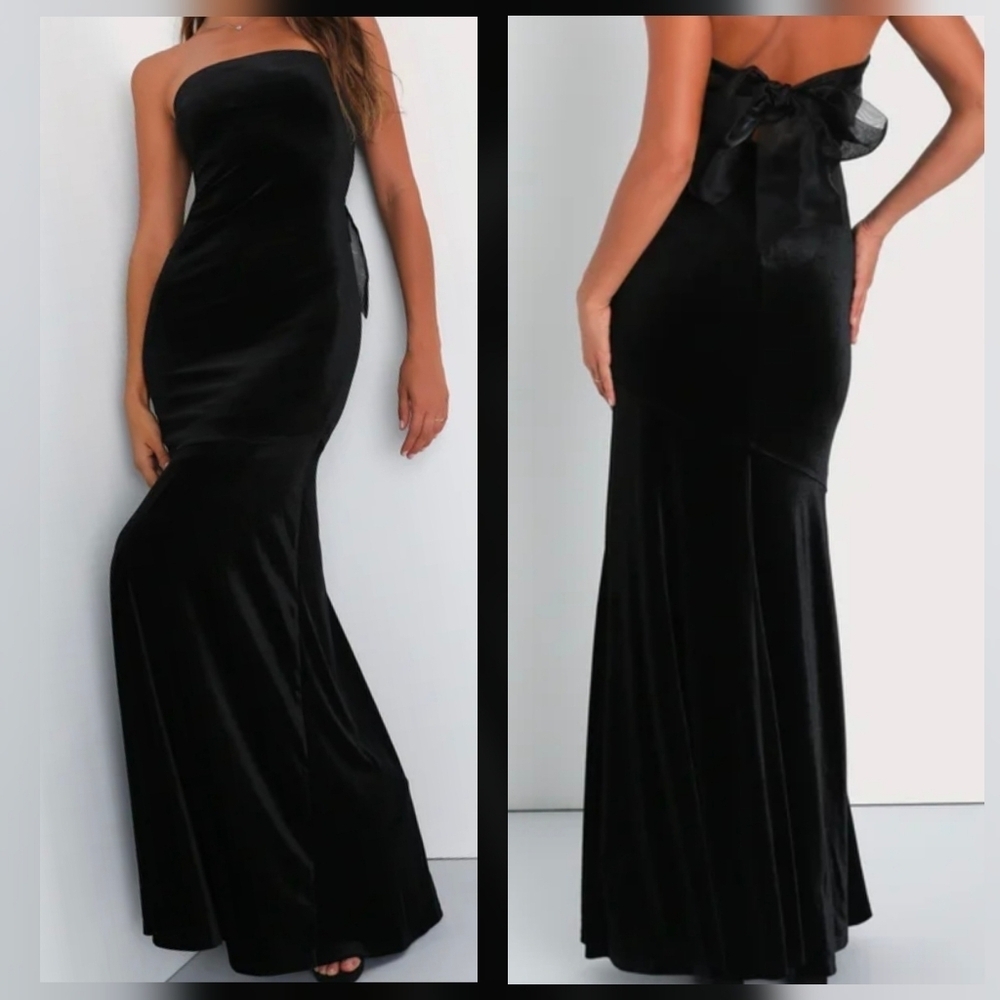 Lulus XS Mesmerizing Elegance Black Velvet Back Bow Maxi Dress, Size XS